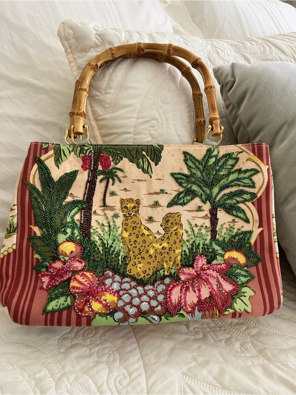 Embellished Tropical Print Tote Bag with Bamboo Handles - Pink & Green